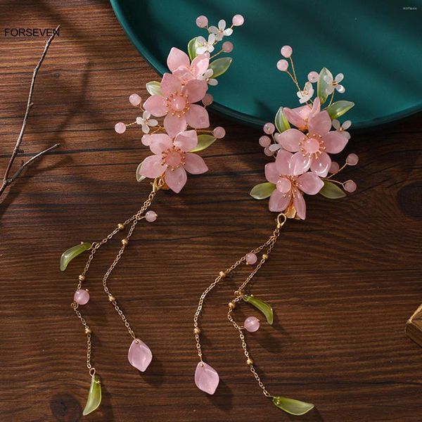 Pinzas para el cabello, horquillas de flores rosas, accesorios chinos Retro, joyería con flecos colgantes para mujeres y niñas, tocado de vestido Hanfu