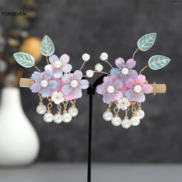 Pinces à cheveux en forme de fleur rose/violet, épingles à cheveux, pendentif en perles, bijoux faits à la main, couvre-chef Floral, accessoires chinois rétro pour femmes