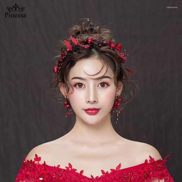 Pinces à cheveux Pioessa Noble Tempérament Doux Rouge Flanelle Fleur Bandeau Guirlande De Mariage Coiffure Mariée Robe Chinoise Accessoires Haircrown