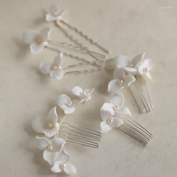 Pinzas para el cabello, peine de flores de porcelana, Pin, Clip, pieza para la cabeza de Color plateado, regalo para fiesta de novias, horquillas, accesorios de boda, joyería nupcial