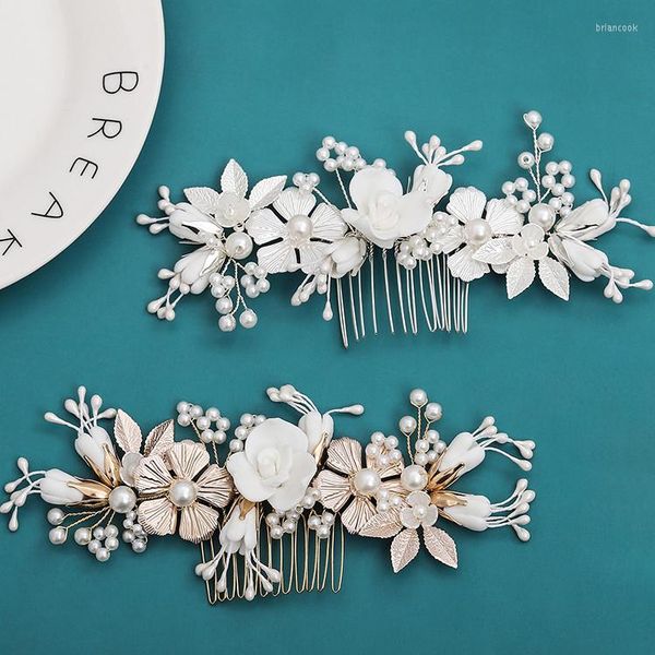 Pinces à cheveux porcelaine fleur perle peigne broche or argent couleur tête pièces épingles à cheveux pour mariées cadeaux bijoux de mariée accessoires de mariage