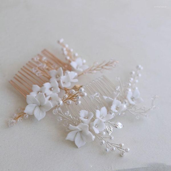 Pinces à cheveux en porcelaine fleur, petit peigne de mariage, pièce de mariée, accessoires faits à la main, ornement pour femmes