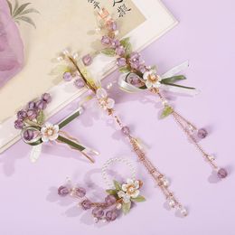 Pinces à cheveux violet cloche orchidée en forme d'épingles et chinois rétro Hanfu robe style bijoux pour femmes pendentif perle coiffes