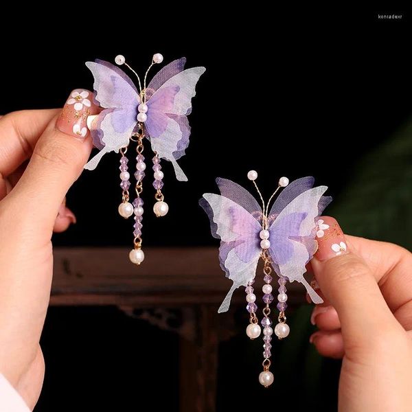 Pinces à cheveux papillon violet, épingles à cheveux latérales pour femmes et filles, bijoux à franges, pendentif en perle, couvre-chef de Style chinois