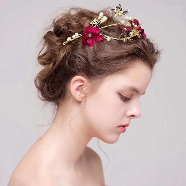 Pinzas para el cabello para mujer, peineta de flores de Color rojo, horquilla de aleación con perlas, Tiaras nupciales, joyería de boda, accesorios de moda