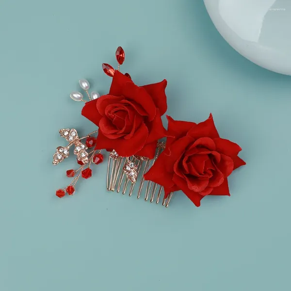 Pinces à cheveux peigne à fleurs rouges, diadèmes de mariée en alliage de perles, épingle à cheveux pour femmes, accessoires de mariage rétro, bijoux de luxe d'anniversaire pour filles