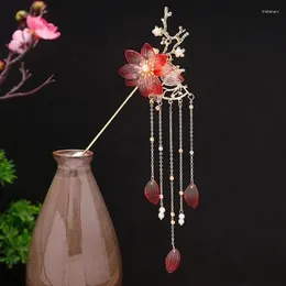 Clips de cheveux Red Flower Hairpin Pearl Long Stick Stick Golden Metal Bun Jewelry For Women Chinese Marid Robe Clip