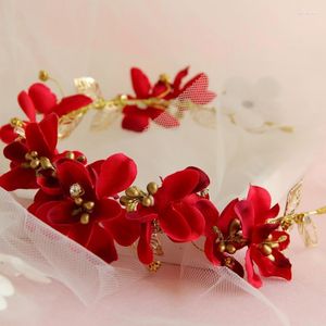 Pinces à cheveux fleur rouge accessoires de mariage or feuille creuse bandeau bijoux de mariée charme mariée diadèmes casque tête ornements LB