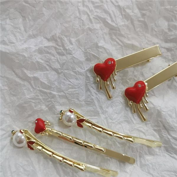 Pinzas para el cabello, horquilla de Lava con corazón de melocotón rojo, bonita perla de imitación, pez, Color dorado, ropa para el cabello, accesorios Vintage Punk de dibujos animados, Clip para flequillo