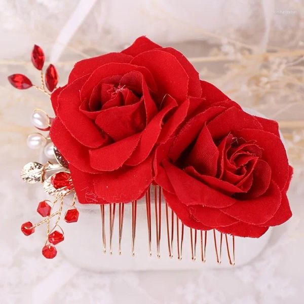 Pinzas para el cabello para mujer, peinetas de flores de rosas rojas, cristal de perlas de lujo para desfile de graduación, accesorios de boda, joyería, peine con Clip