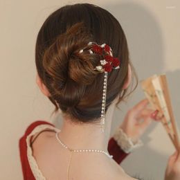 Pinces à cheveux avec pompon Rose rouge, épingle à cheveux en forme de U pour enfants, robe de mariée de Style chinois ancien, accessoires de coiffure pour femmes