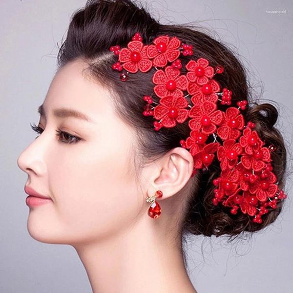 Pinces à cheveux rouge blanc, bijoux de mariage pour femmes, bandeaux de fleurs en dentelle faits à la main, accessoires de coiffure de mariée