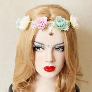 Haarspangen, Retro-Stoff, Rose, Blume, weiße Spitze, elastisches Band, Stirnband, Herz-Anhänger, Lolita-Kopfbedeckung, Festival-Kopfschmuck, rosa, elfenbeinfarben, grün
