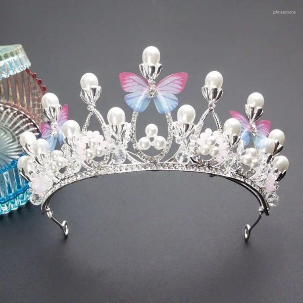 Pinzas para el cabello Forma de mariposa romántica Corona de princesa para niñas Tiara de diamantes de imitación hecha a mano Diadema de perlas Modelo de boda de cumpleaños Pasarela