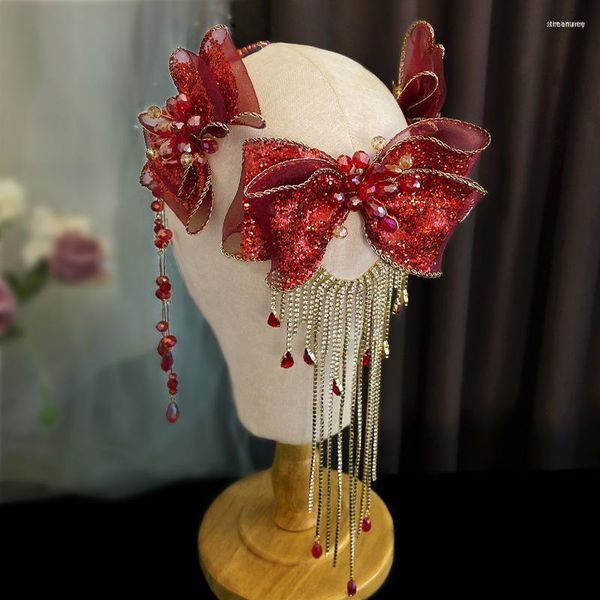 Pinzas para el cabello Lazo de seda Frente Cadena Crepes Bobina Cristal Borla Accesorios Vestido de cóctel de boda Muestra Tocado rojo