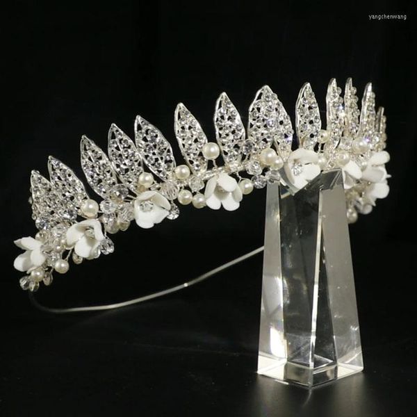 Pinzas para el cabello Color plata aleación nupcial de lujo hojas hechas a mano corona con incrustaciones de flores de cerámica tocado de perlas de cristal joyería de boda