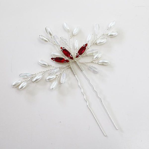 Pinzas para el cabello, alfileres de plantas de Color plateado, accesorios de joyería de boda, adorno de decoración de cabeza de cristal rojo, tiara de perlas hecha a mano