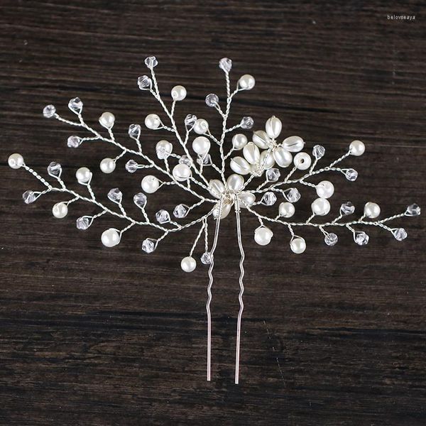 Pinzas para el cabello de cristal plateado, horquillas hechas a mano, accesorios con patrón de ramas para boda, cuentas de novia, joyería de perlas, Clip para la cabeza