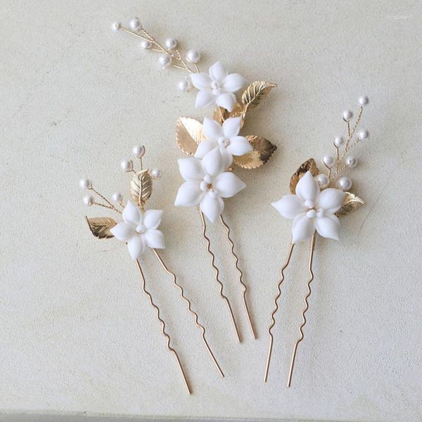 Clips para el cabello SLBRIDAL, hoja de aleación hecha a mano, perlas de flores de cerámica, conjunto de alfileres nupciales, accesorios adhesivos para boda, joyería para mujer