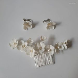 Pinces à cheveux SLBRIDAL alliage fait à la main strass Ceram fleur perles d'eau douce peigne de mariée boucle d'oreille accessoire de mariage femmes bijoux