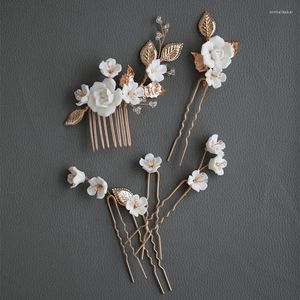 Pinces à cheveux SLBRIDAL faites à la main en céramique fleur feuille perles mariée peigne épingles ensemble autocollant de mariage accessoires femmes bijoux