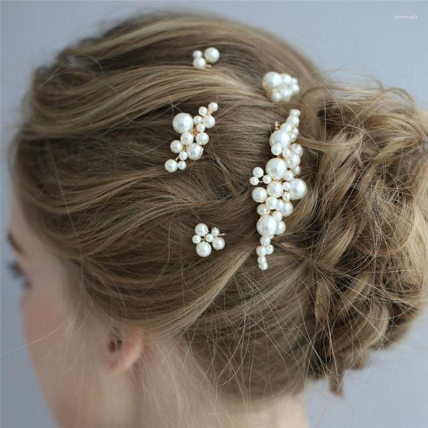 Clips para el cabello SLBRIDAL hechos a mano con alambre dorado, perlas simuladas, peine de boda, pegatinas, conjunto de accesorios nupciales, joyería para mujer