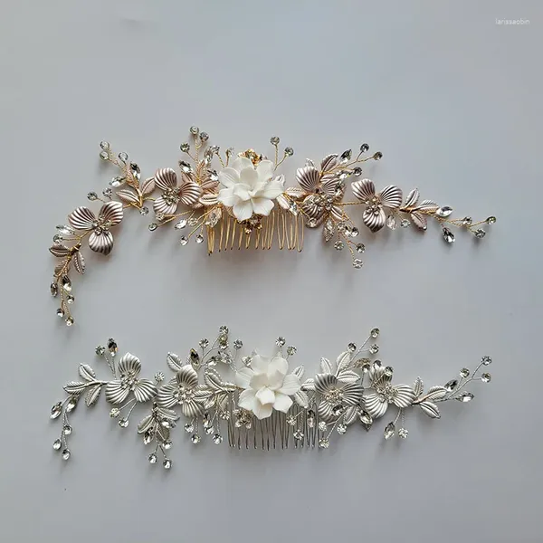 Clips para el cabello SLBRIDAL hechos a mano estilo Ins flor de cerámica hoja diamantes de imitación perla peine nupcial diadema de boda accesorio joyería de mujer