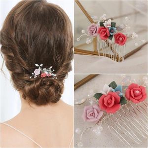 SLBRIDAL – pinces à cheveux faites à la main, strass en cristal opale, perles de couleur, fleur en céramique, ensemble de broches de peigne de mariée, bijoux de mariage pour femmes