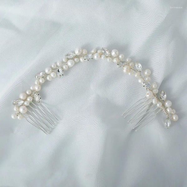 Clips para el cabello SLBRIDAL, diamantes de imitación hechos a mano, perlas de agua dulce, diadema nupcial, peine, cadena para la cabeza de boda, accesorios, joyería para mujer