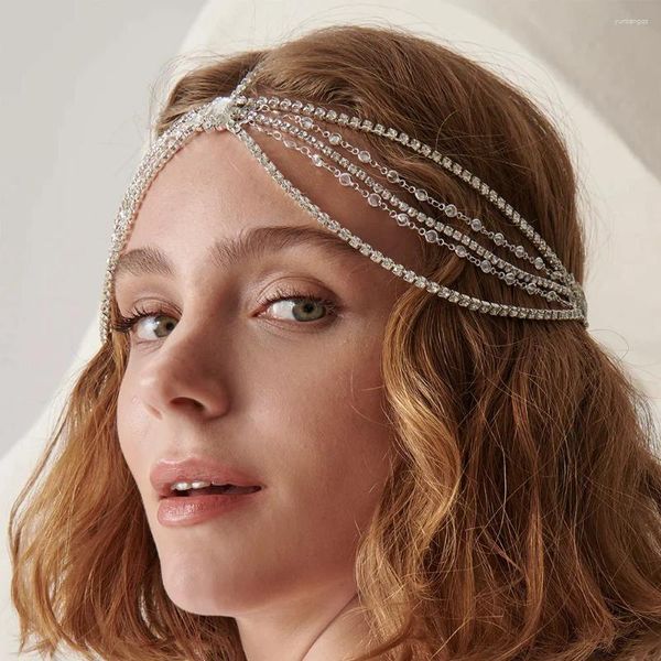 Pinzas para el cabello Stonefans, cadena para la cabeza multicapa a la moda, joyería para la frente de boda, diadema elegante con diamantes de imitación, tocado nupcial