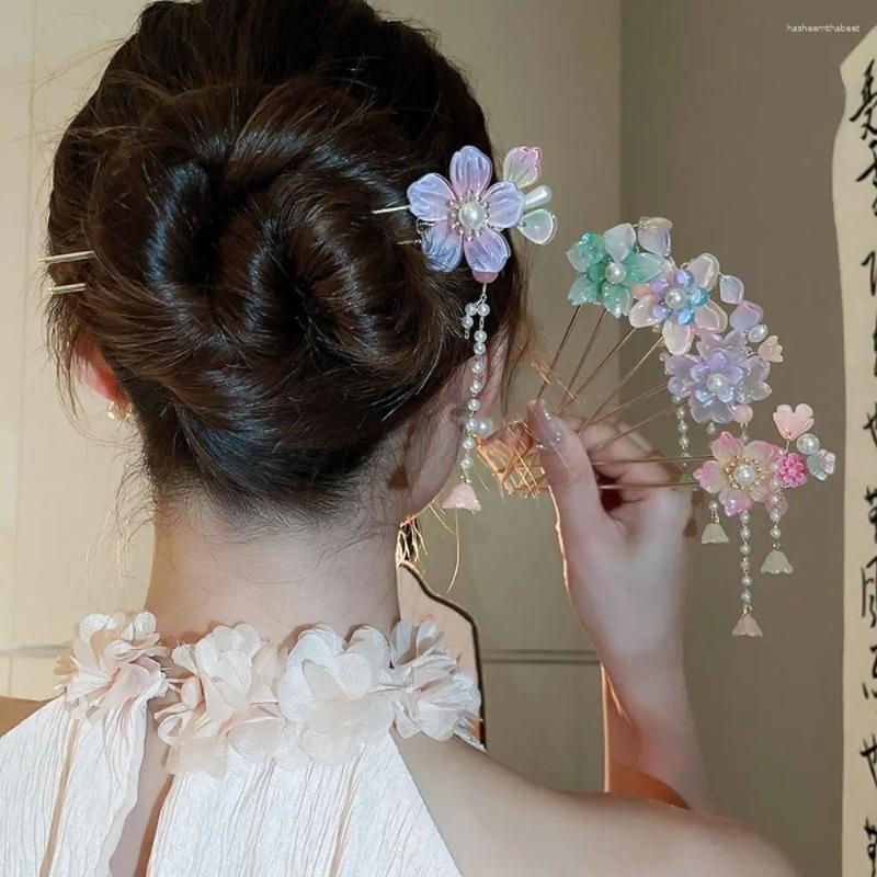 Hårklipp söta blommor Pearl Tassel Hairpin Fashion Handmade Ancient Style Stick Neo-Chinese utsökta blomma huvudbonad kvinnor