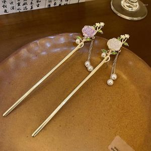 Pinces à cheveux, fourchette à pampilles, bâton de Rose, accessoires baguettes Hanfu épingle à cheveux perle fleur bijoux ornements