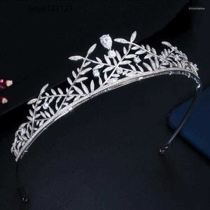 Haarspeldjes ThreeGraces Mode Glanzend Wit Zirconia Kristal Bladvorm Bruidskroon Tiara Accessoires Voor Bruiden HA115