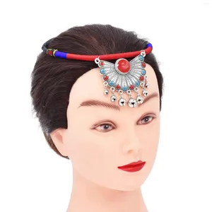 Pinces à cheveux Tibétain Ethnique Rouge En Forme D'éventail Cloche Gland Front Tête Chaîne Bandeau Vintage Miao Femmes Coiffe Boho Tribal Bijoux