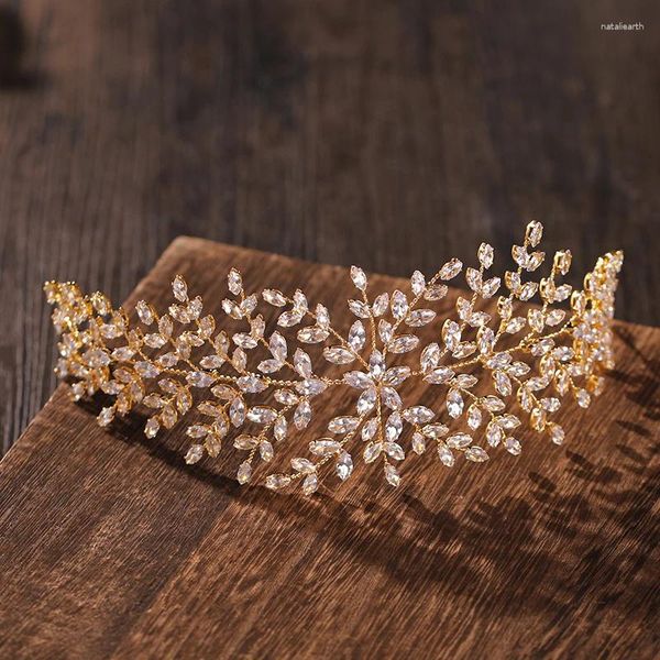 Pinzas para el cabello, adornos de novia a la moda, Tiaras de circonio de Color dorado para boda, accesorios para diadema para mujer, joyería, coronas, tocado