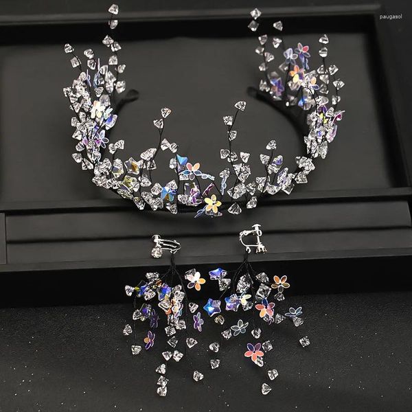 Pinzas para el cabello Estrellas de moda Diademas de cristal Diadema Tiara de boda y coronas con aretes Conjuntos Diademas de alambre negro Accesorios nupciales