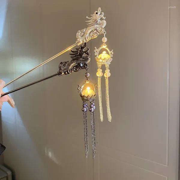 Pinzas para el cabello para mujer, varillas de dragón de aleación Vintage con luz LED, horquillas luminosas, tocado largo de perlas y borlas, regalos de joyería china