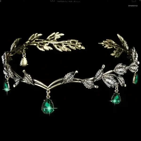 Pinces à cheveux Vintage Bronze vert émeraude couronne de fée diadèmes feuilles de cristal elfe diadème Bandana accessoires pour femmes bijoux fantaisie