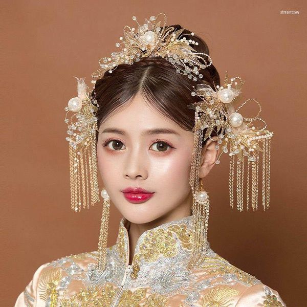 Pinces à cheveux Vintage chinois Xiuhe accessoire pour femmes mariage mariée perle cristal bandeau casque mariée feuilles
