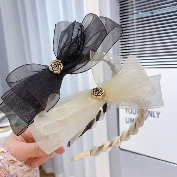 Pinzas para el cabello Vintage para mujer, accesorios de banda de flores de hadas, diadema de malla, diadema con lazo, perla de aro de estilo coreano