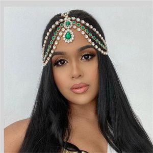 Pinces à cheveux Vintage mode cristal vert pendentif tête chaîne Boho princesse strass front dames bijoux fins diadème cadeau