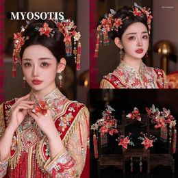 Haarclips Vintage Handmade Water Liquid Red Flower Haarspelten Kostuum Hanfu Hoofdtooi Chinese traditionele bruiloft Xiuhe Bruidsaccessoires