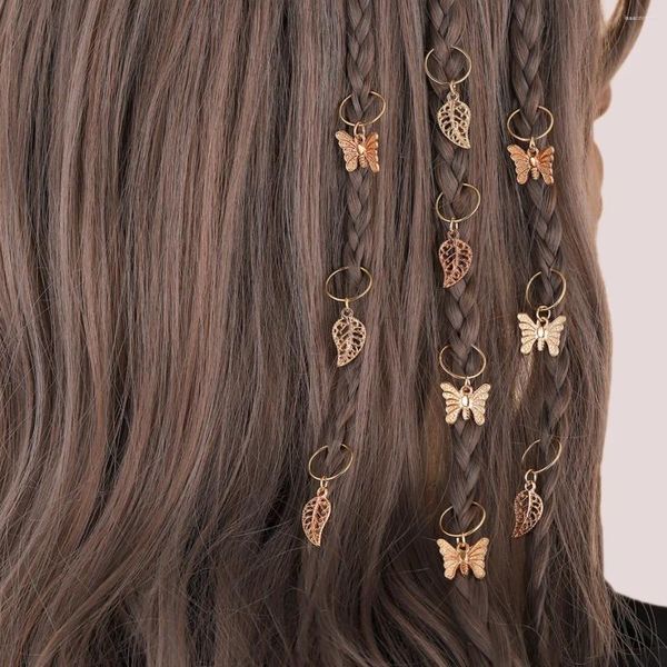 Pinces à cheveux Vintage en métal petites feuilles Dreadlocks décoration Style ethnique spirale tresse anneau ouvert pendentif papillon accessoires de tressage