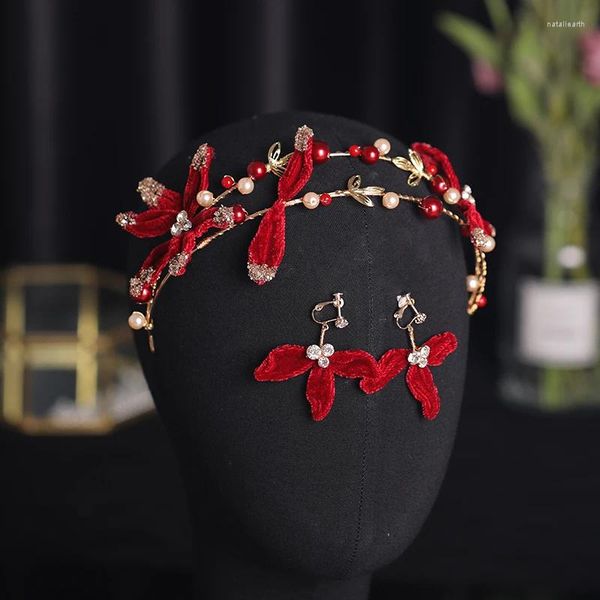 Pinces à cheveux Vintage rouge, ensemble de boucles d'oreilles, ruban fleur perle cristal, accessoires de mariée, bijoux pour femmes