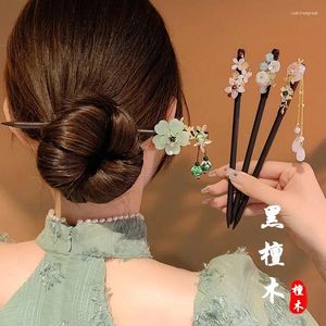 Haarspeldjes Vintage Vrouw Stok Chinese Stijl Bloem Parel Kwastje Pin Handgemaakte Zwarte Houten Haarspeld Voor Meisjes Kapsel Accessoires