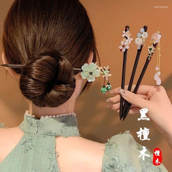 Pinzas para el cabello Vintage para mujer, pasador de borla de perlas de flor de estilo chino, horquilla de madera negra hecha a mano, accesorios de peinado