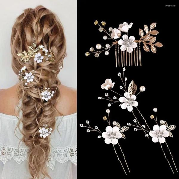 Pinzas para el cabello, horquillas elegantes con perlas de imitación y flores, conjunto de peine lateral para boda, novia, Tiaras de aleación en forma de hoja dorada