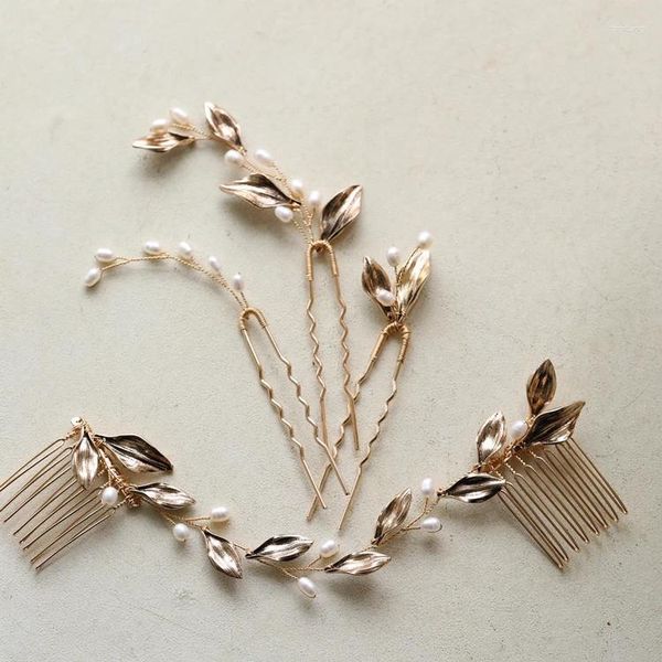 Pinces à cheveux Accessoires de mariage Perle d'eau douce Tête Pièce Vintage Feuille Épingle à cheveux pour les mariées Demoiselles d'honneur Peigne Pin Clip Bijoux de mariée