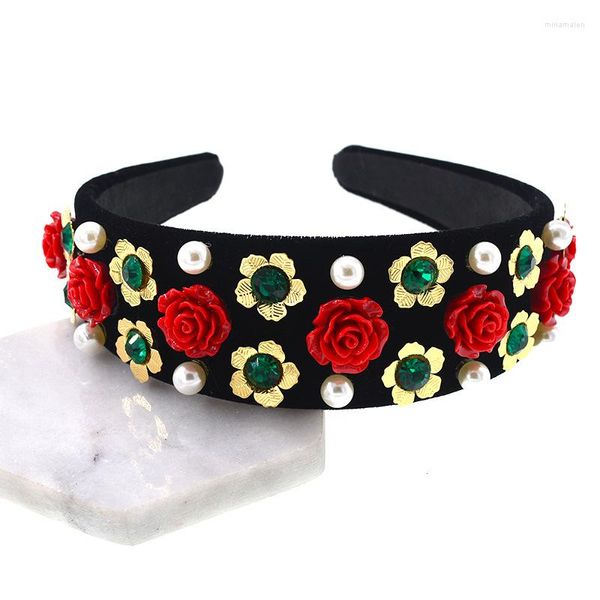 Pinzas para el cabello, accesorios de boda, diadema de perlas barrocas de lujo, corona, diadema ancha de flores rosas de terciopelo negro, joyería nupcial para mujer