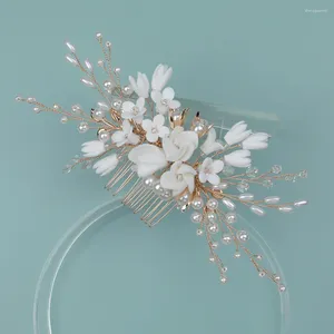 Pinces à cheveux Accessoires de mariage Porcelaine Fleur Peigne Pin Clip pour les mariées Femmes Cadeaux de fête Perle Tête Pièces Épingles À Cheveux Bijoux De Mariée